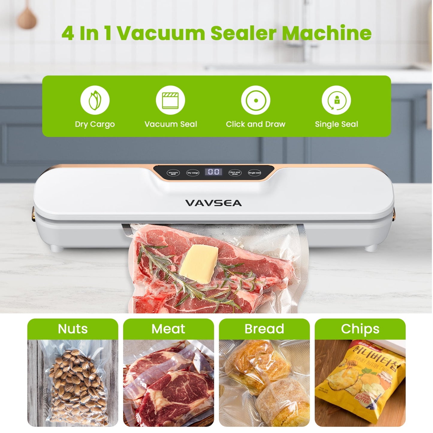 VAVSEA Vacuum Sealer, 62Kpa Food Sealer Machines with 4 Modes, Dry/Draw/Seal/Vac and 10Pcs Bags Starter Kit for Dry & Moist Food Storage Sous Vide for Kitchen