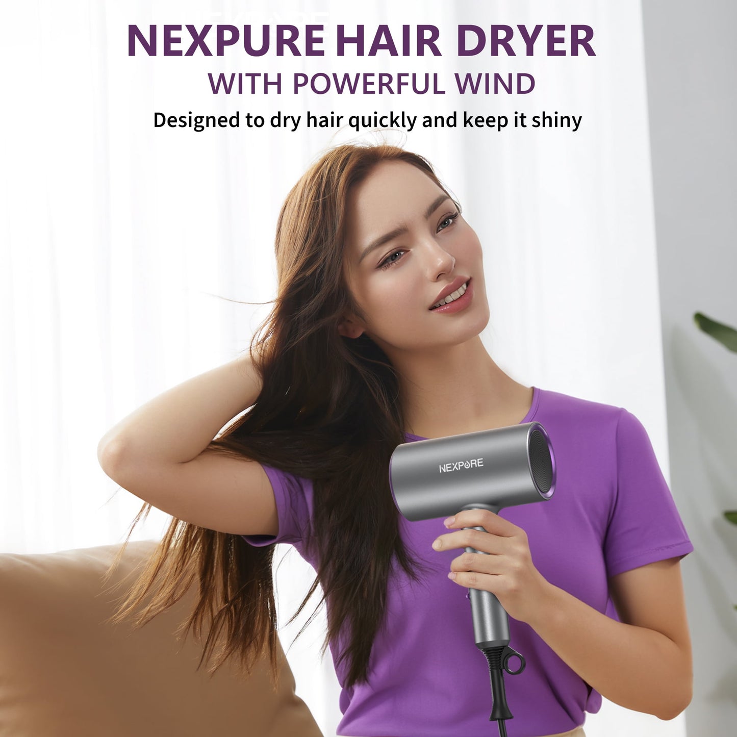 NEXPURE New Upgrade Professional Ionic Hair Dryer, 2000W Powerful Blow Dryer with Diffuser and Concentrator Attachments, Suitable for Home and Travel, Purple