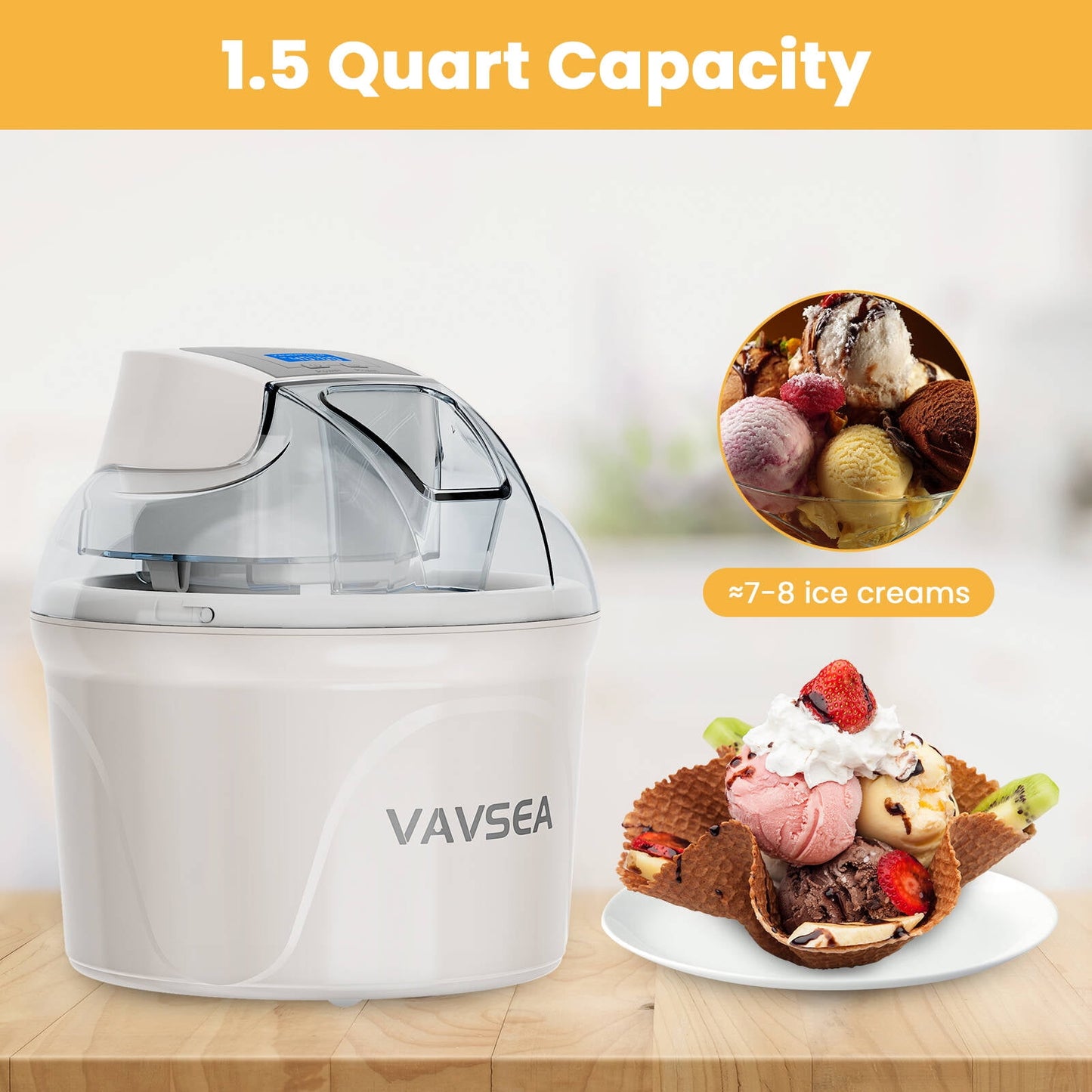 VAVSEA 1.5 Qt Ice Cream Maker with Scoop, Ice Cream Machine with LCD Digital Display & Timer, Double-Insulated Freezer Bowl, Sobert Maker for Gelato, Frozen Yogurt, Drinks, White
