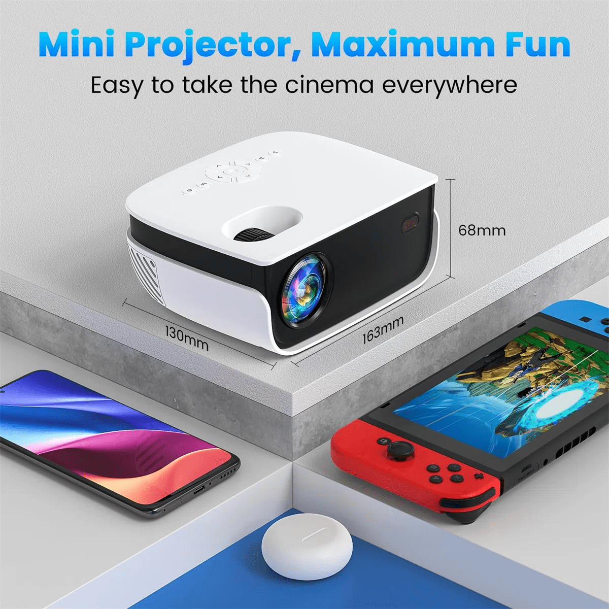 TOPVISION 1080P Mini Projector,Keystone Correction,up to Support 240'' Screen,with Stand