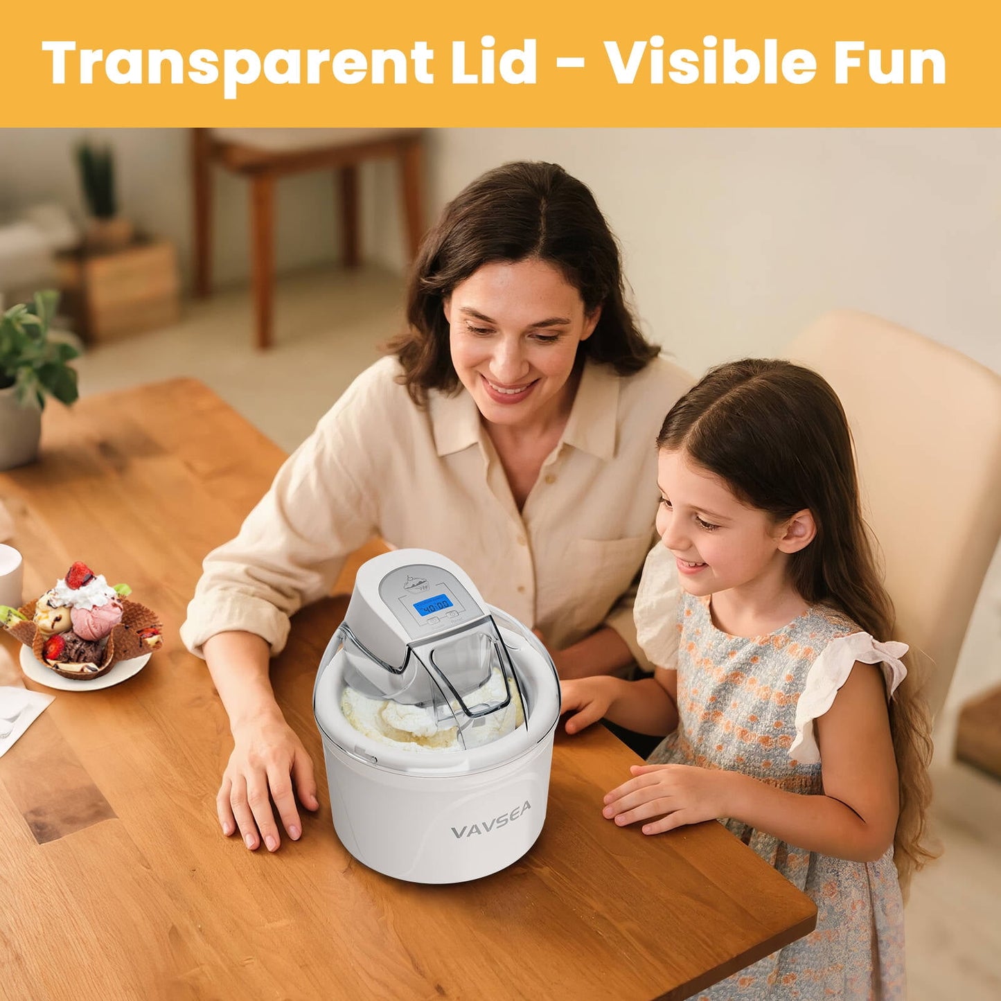 VAVSEA 1.5 Qt Ice Cream Maker with Scoop, Ice Cream Machine with LCD Digital Display & Timer, Double-Insulated Freezer Bowl, Sobert Maker for Gelato, Frozen Yogurt, Drinks, White