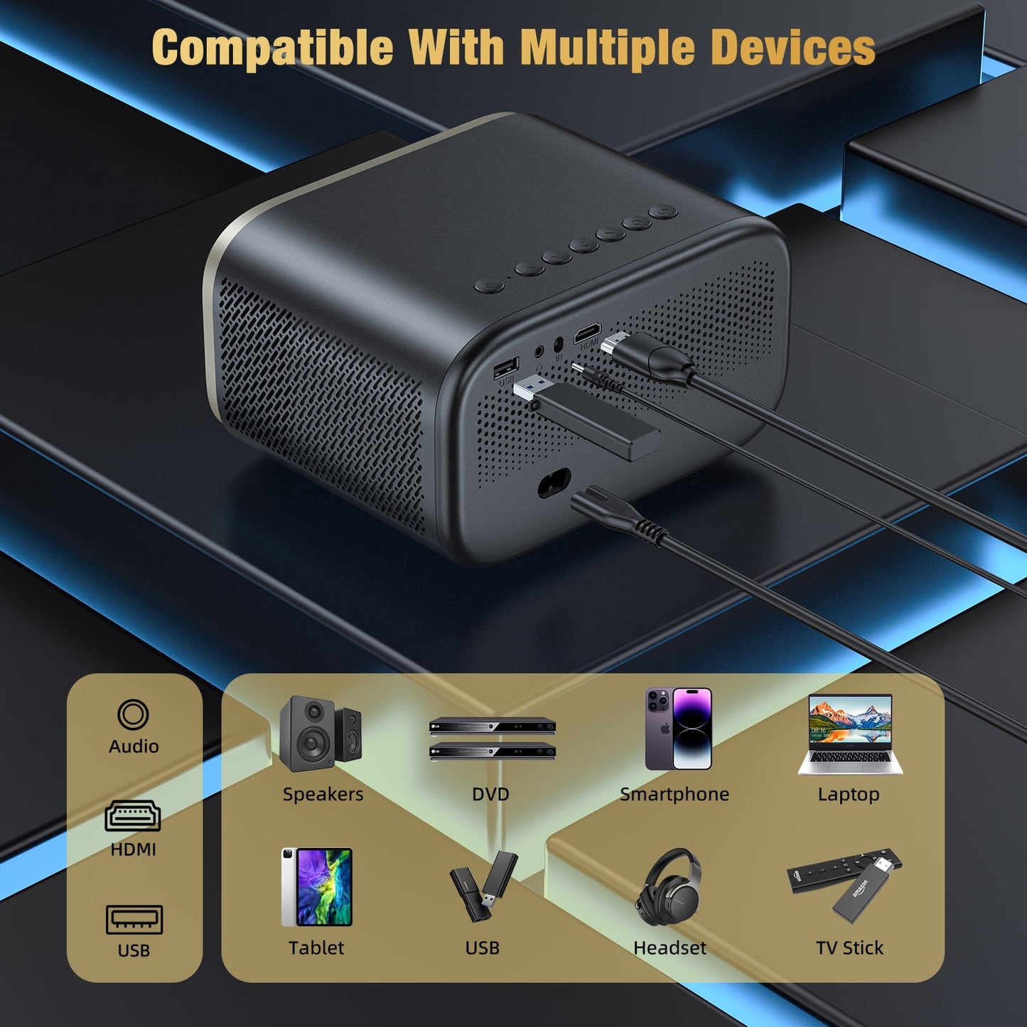 TOPVISION Native 1080P Projector with Wifi and Bluetooth, 50,000Hrs Lamp Life,Auto Focus,Black, 1 pack
