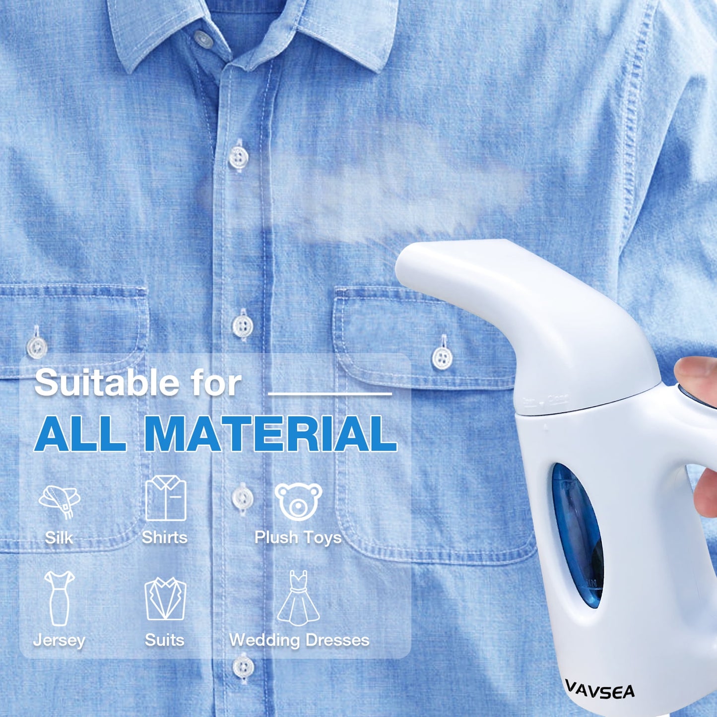 VAVSEA Steamer for Clothes, Portable Garment Steamer, Auto Shut-off Function, Wrinkles/ Steam/ Soften/ Clean/ Sterilize, White