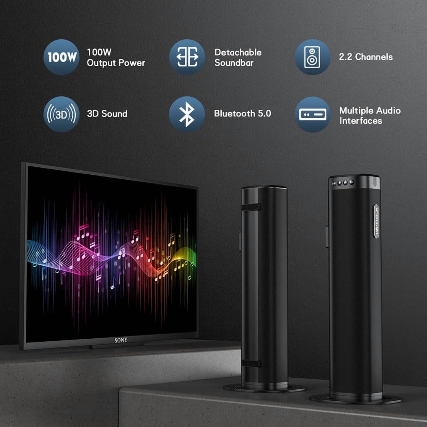 TOPVISION 100W Sound Bar for TV, 2.2CH Detachable TV Sound Bar with Subwoofer, Bluetooth/HDMI ARC/Optical/AUX/USB, 2 in 1 Home Theater Surround Sound for TV/PC/Gaming/Projectors