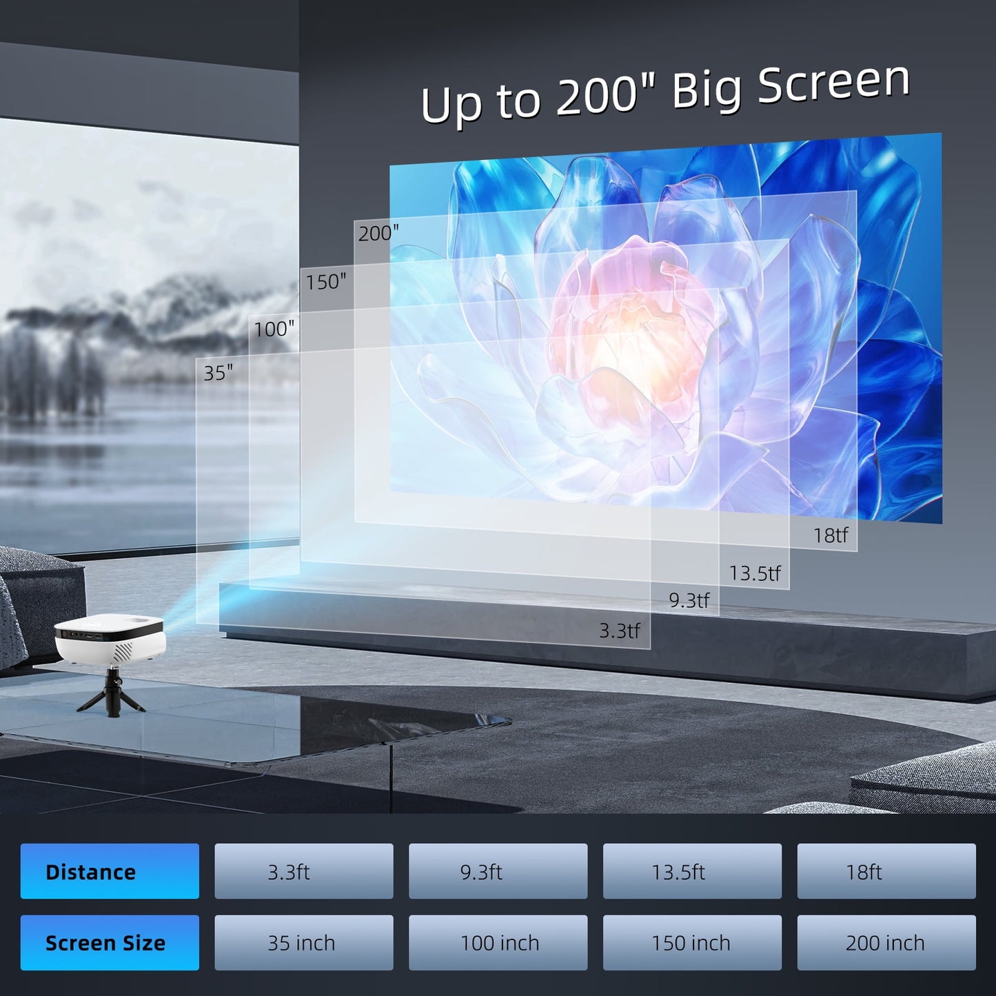 TOPVISION 1080P Mini Projector,Keystone Correction,up to Support 240'' Screen,with Stand