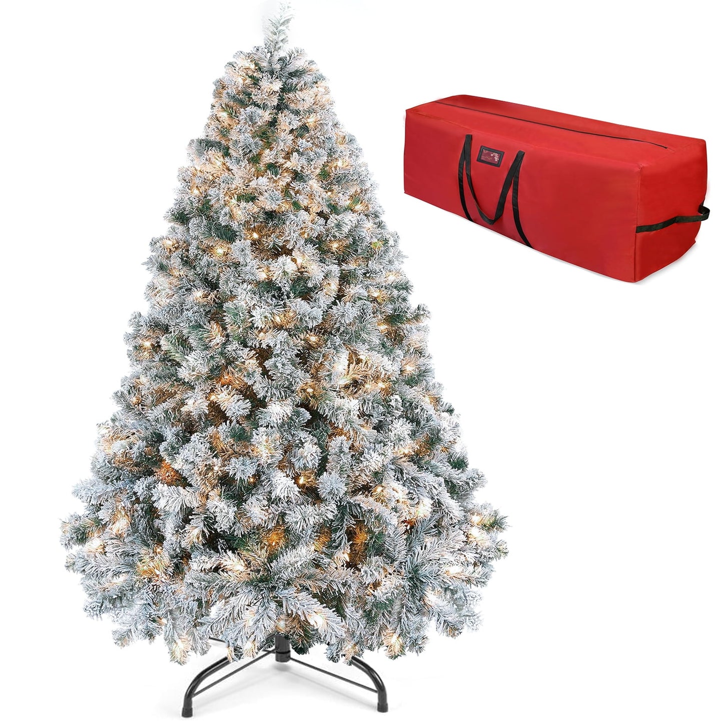 VAVSEA 7.5 FT Christmas Tree, Pre-Lit Snow Flocked Artificial Christmas Tree with Storage Bag, Fence, Tree Skirt 350 Warm White Lights, 1200 Tips, Hinged Branches for Holiday Home Office Decoration