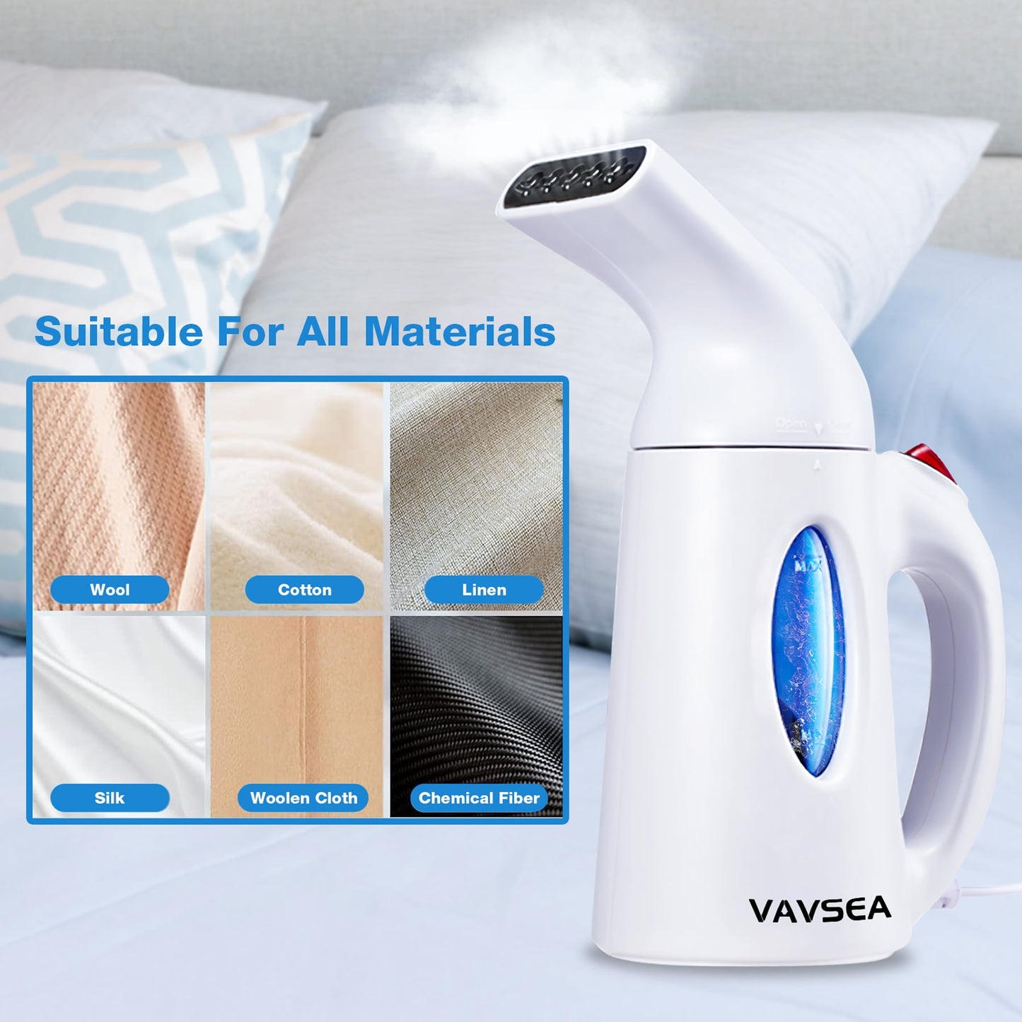 VAVSEA Steamer for Clothes, Portable Garment Steamer, Auto Shut-off Function, Wrinkles/ Steam/ Soften/ Clean/ Sterilize, White