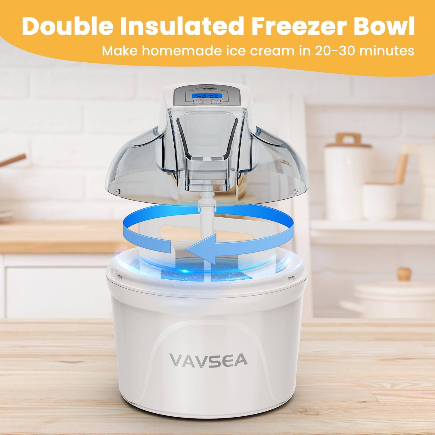 VAVSEA 1.5 Qt Ice Cream Maker with Scoop, Ice Cream Machine with LCD Digital Display & Timer, Double-Insulated Freezer Bowl, Sobert Maker for Gelato, Frozen Yogurt, Drinks, White