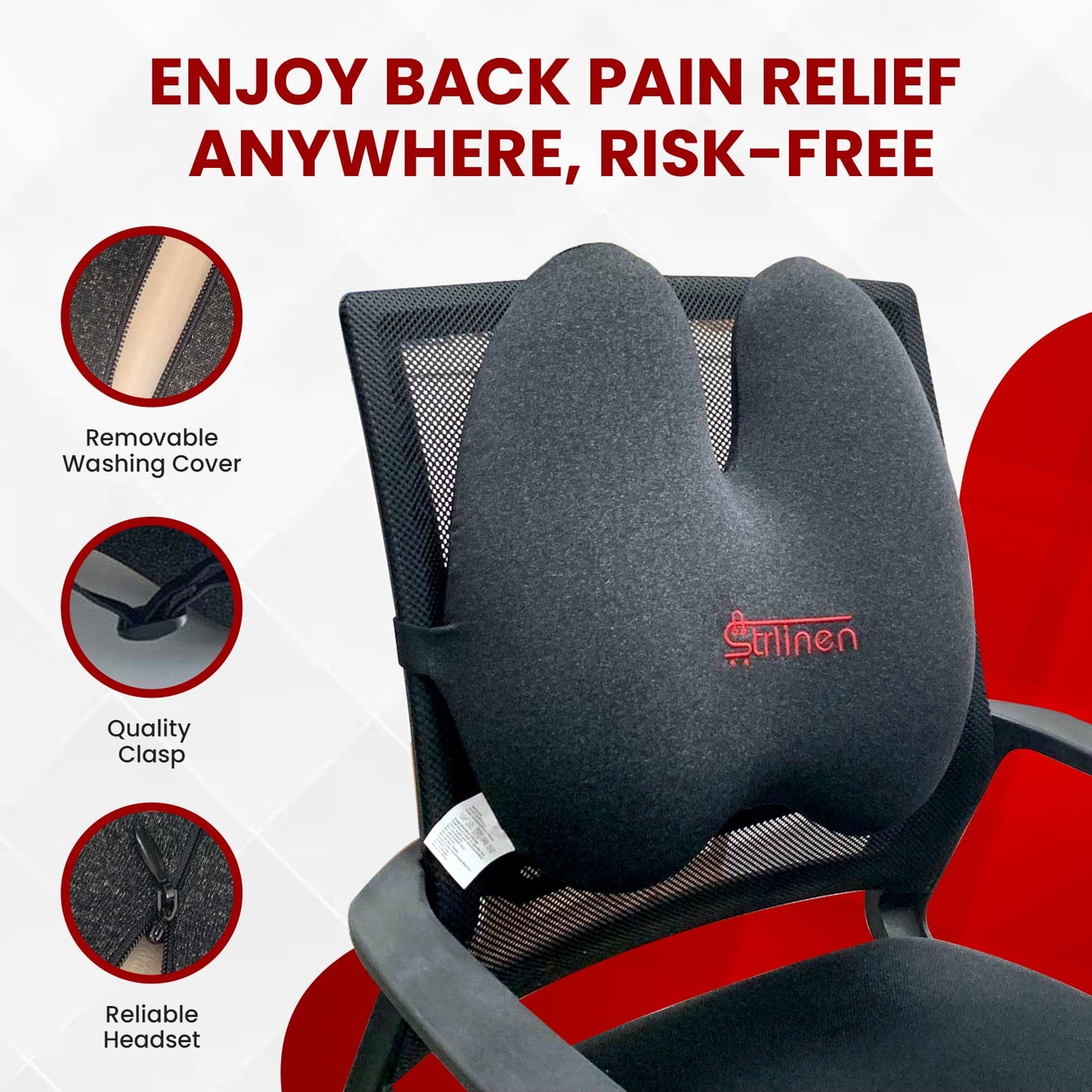 Strlinen Lumbar Pillow - Patented Ergonomic Multi-Region Firm Back Support for Lower Back Pain Relief - Extra Dense Lumbar Pillow Support Cushion for Office Chair, Car, Sofa, Plane - Black