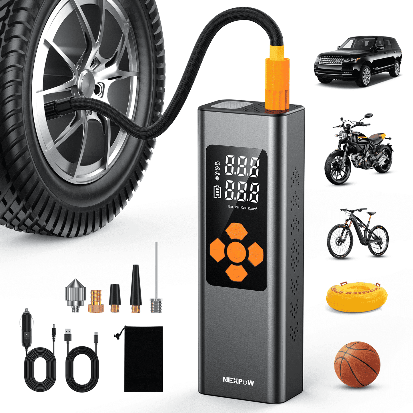 NEXPOW Tire Inflator - Portable Air Compressor 150PSI - Air Pump for Car Tires with Digital Gauge, LED Light, for Car, Bike, Motorcycle, Balls