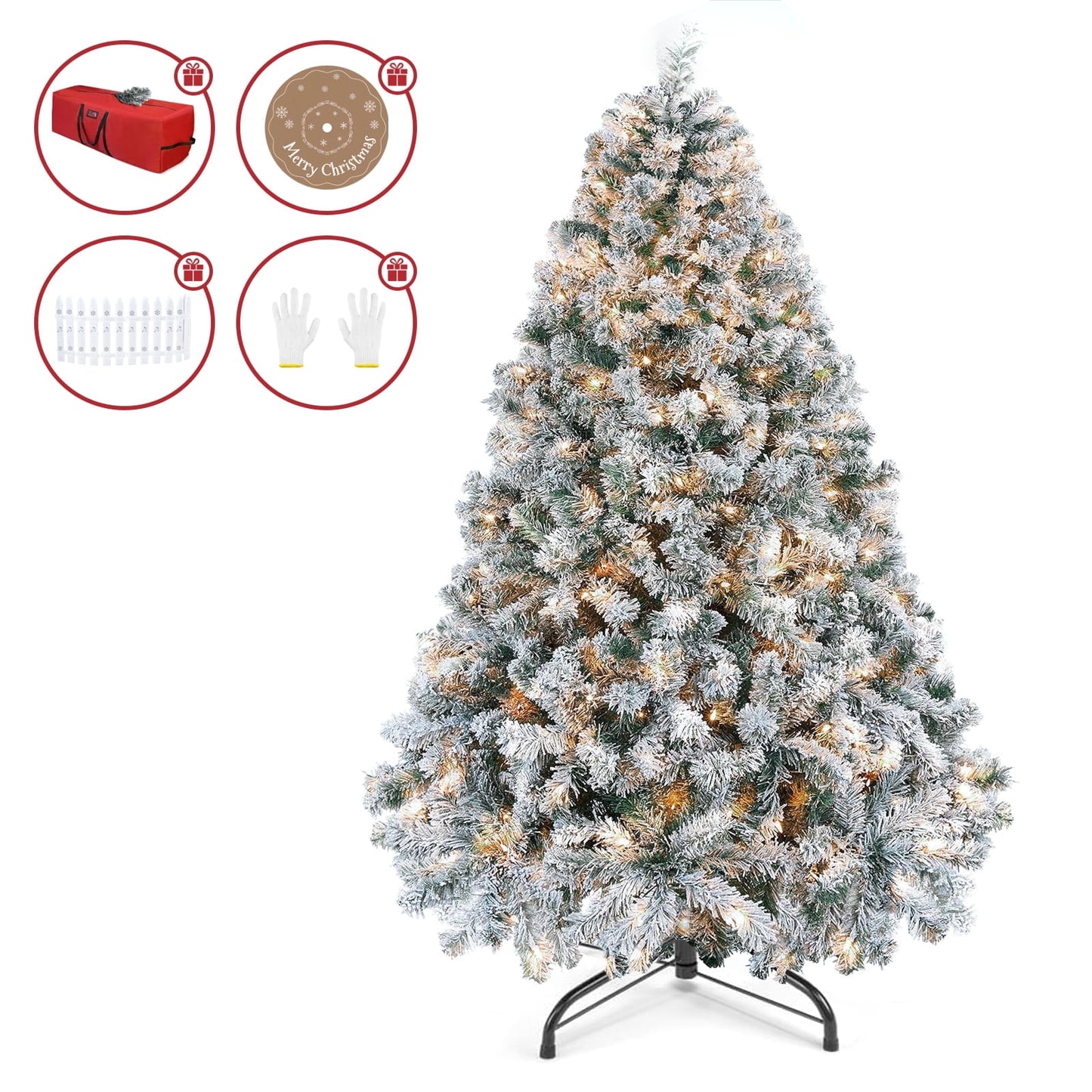 VAVSEA 7.5 FT Christmas Tree, Pre-Lit Snow Flocked Artificial Christmas Tree with Storage Bag, Fence, Tree Skirt 350 Warm White Lights, 1200 Tips, Hinged Branches for Holiday Home Office Decoration