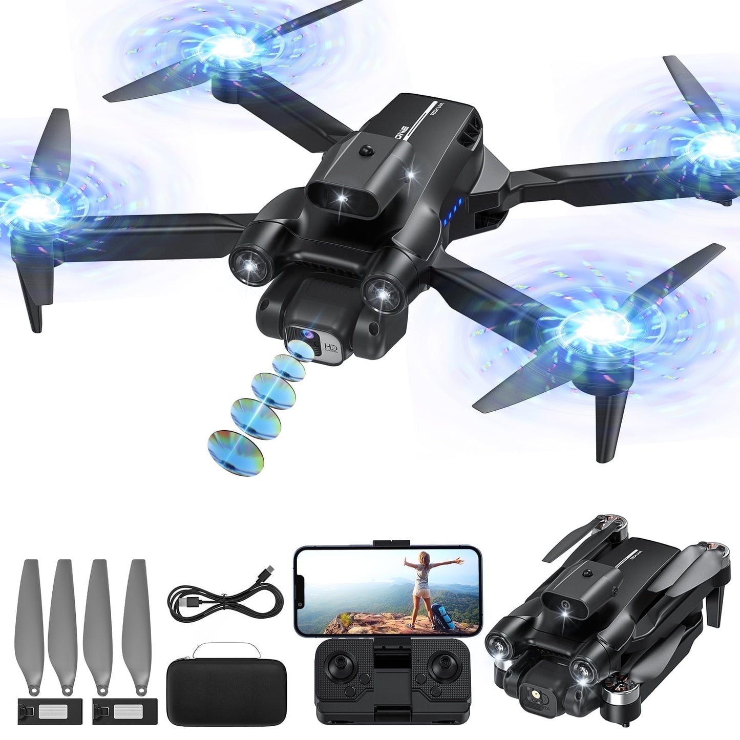 Drone with Camera, FPV Drone with Brushless Motor, One Key Take Off/Landing, Gesture Selfie, 3 Speed Modes, Headless Mode, Drone for Adults and Beginners