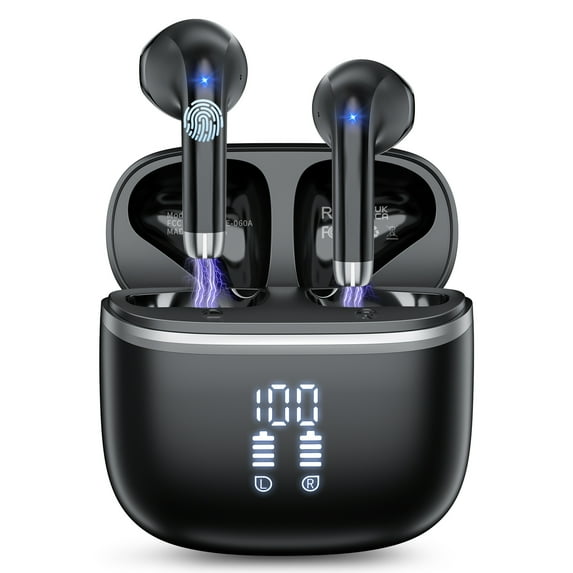 Wireless Bluetooth Earbuds Noise Cancelling in Ear Buds Deep Bass Stereo, 50H Playtime with Mics, LED Display, IPX7 Waterproof Earphones for iphone Android Laptop, Black