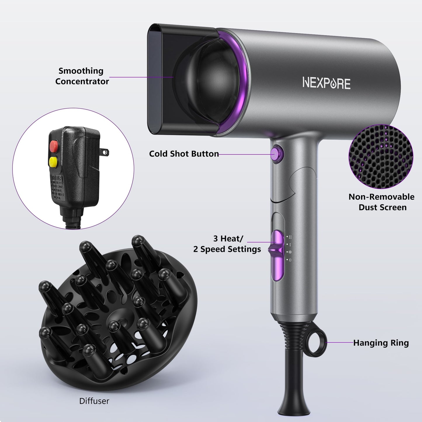 NEXPURE New Upgrade Professional Ionic Hair Dryer, 2000W Powerful Blow Dryer with Diffuser and Concentrator Attachments, Suitable for Home and Travel, Purple