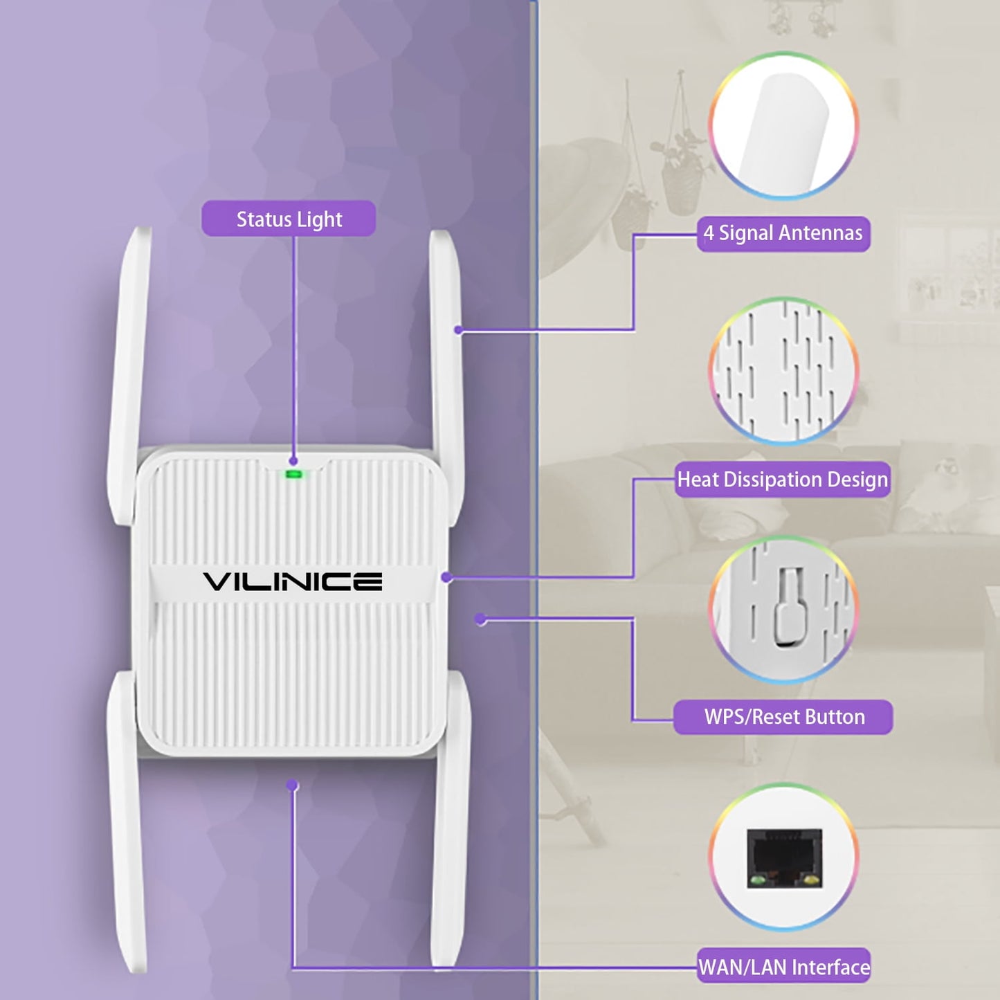 VILINICE Wifi Extender,Wifi6 up to 1500Mbps, Dual Band Signal Booster with Ethernet Port, Longest Range Up to 8800 sq.ft, New