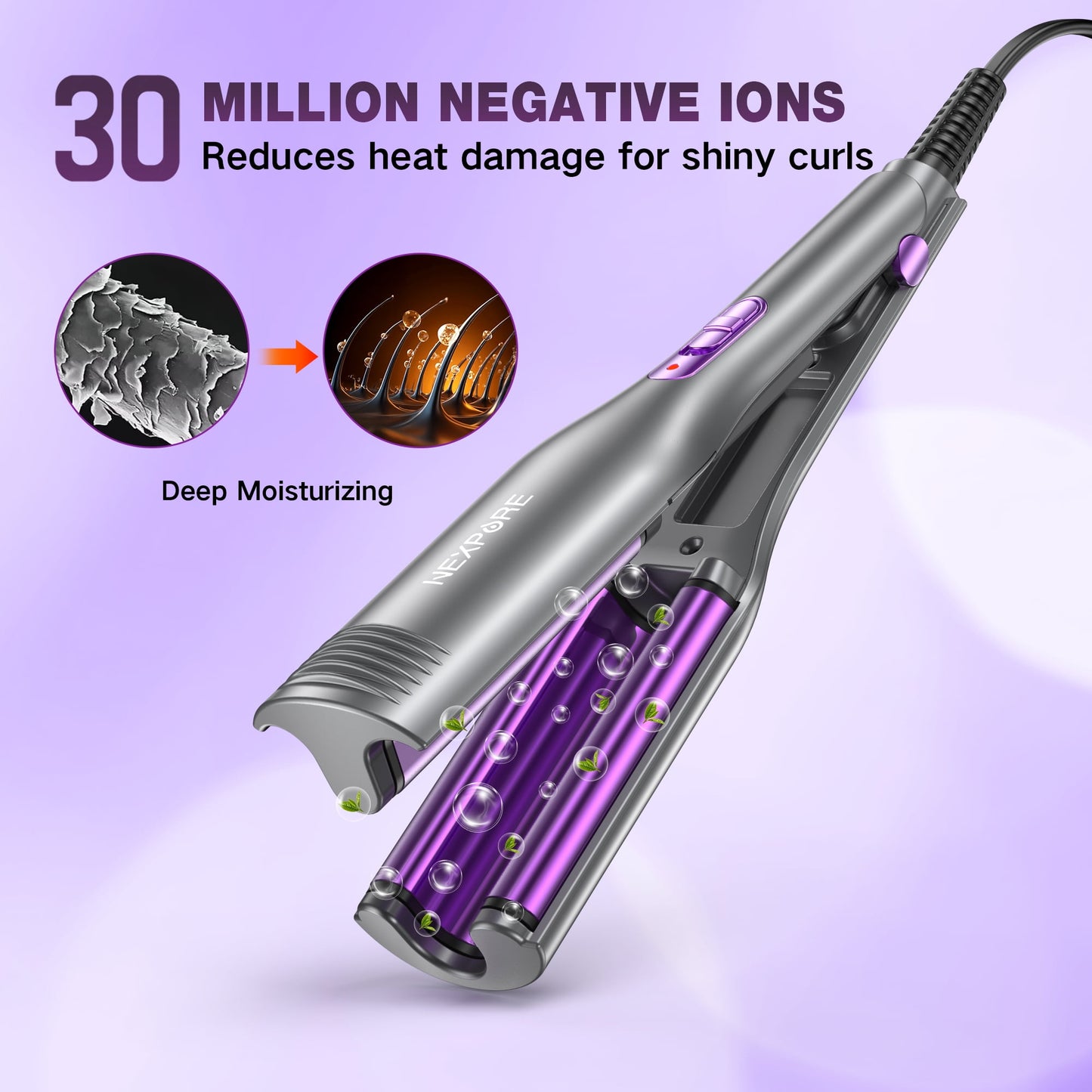 NEXPURE Curling Iron, Ionic Hair Crimper Tool, Hair Curler Waver Curling Wand with Ceramic 3 Barrel, Fast Heating, Purple, 0.8Inch