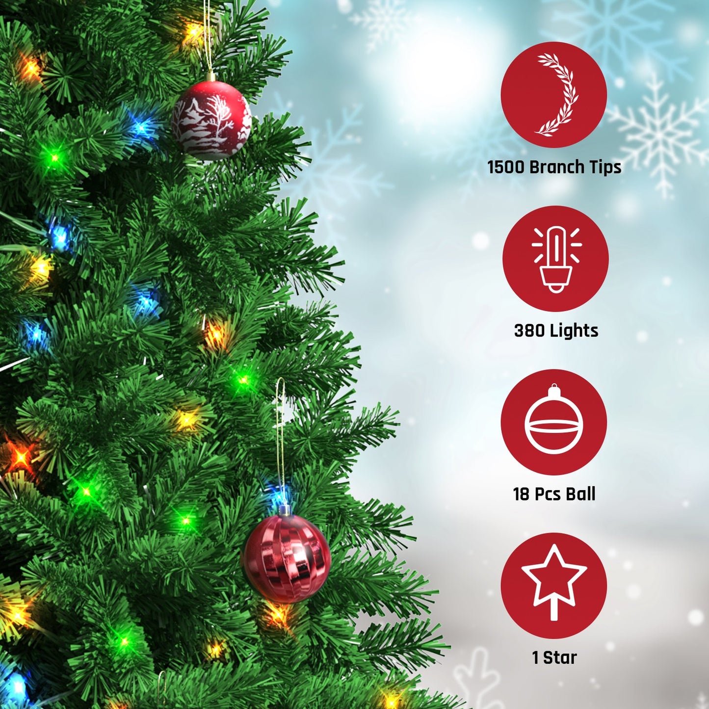 VAVSEA 7.5 FT Pre-Lit Christmas Trees Include 18pcs Christmas Ball and 1 Star, Artificial Christmas Tree with 1500 PVC Branch Tips & 380 Color-Changing LED Lights for Holiday Party, Home