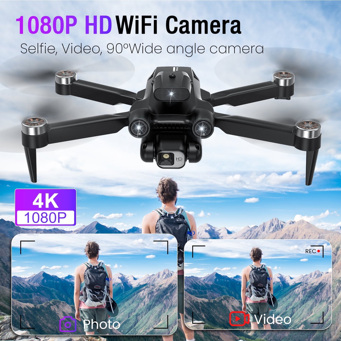 Drone with Camera, FPV Drone with Brushless Motor, One Key Take Off/Landing, Gesture Selfie, 3 Speed Modes, Headless Mode, Drone for Adults and Beginners