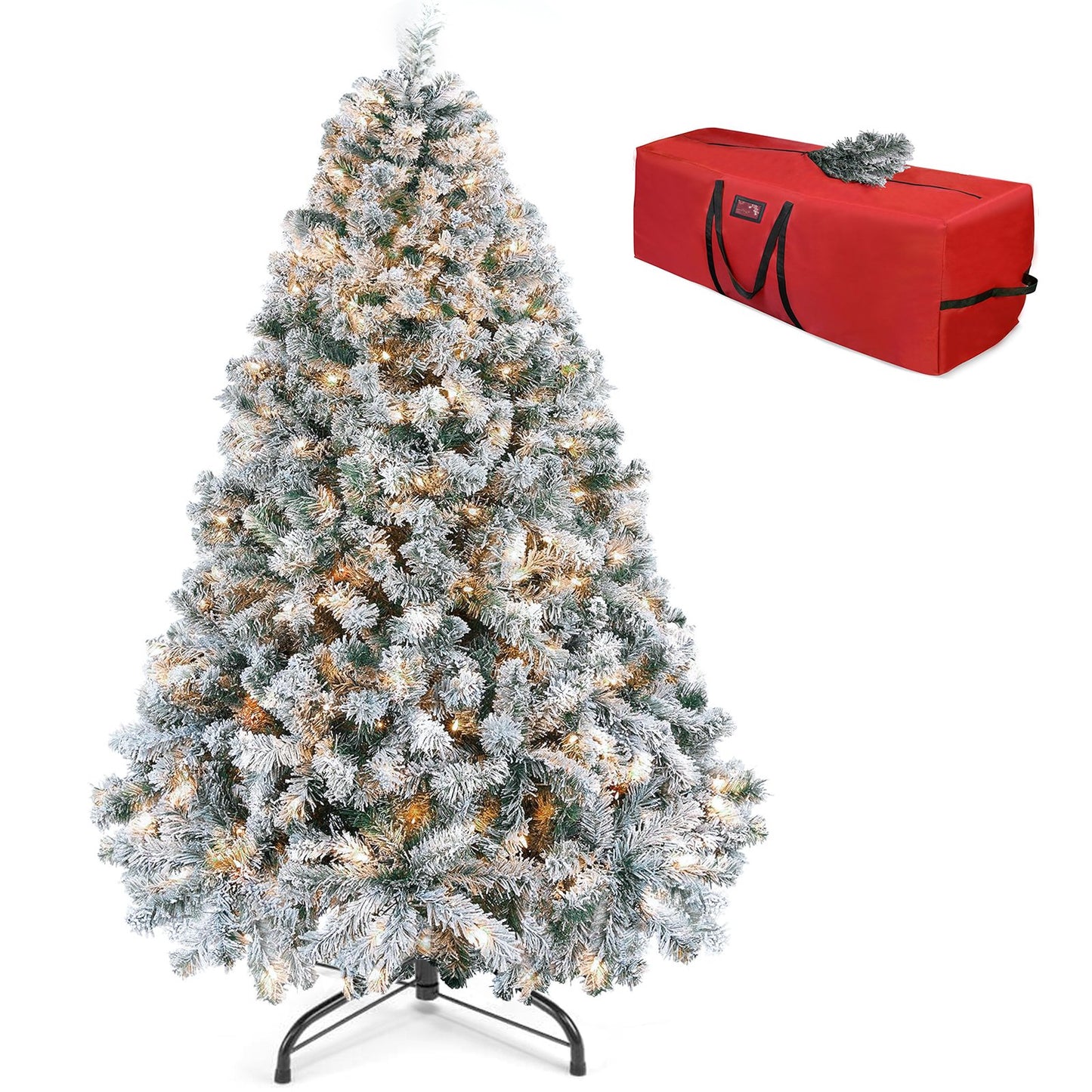 VAVSEA 7.5 FT Christmas Tree, Pre-Lit Snow Flocked Artificial Christmas Tree with Storage Bag, Fence, Tree Skirt 350 Warm White Lights, 1200 Tips, Hinged Branches for Holiday Home Office Decoration
