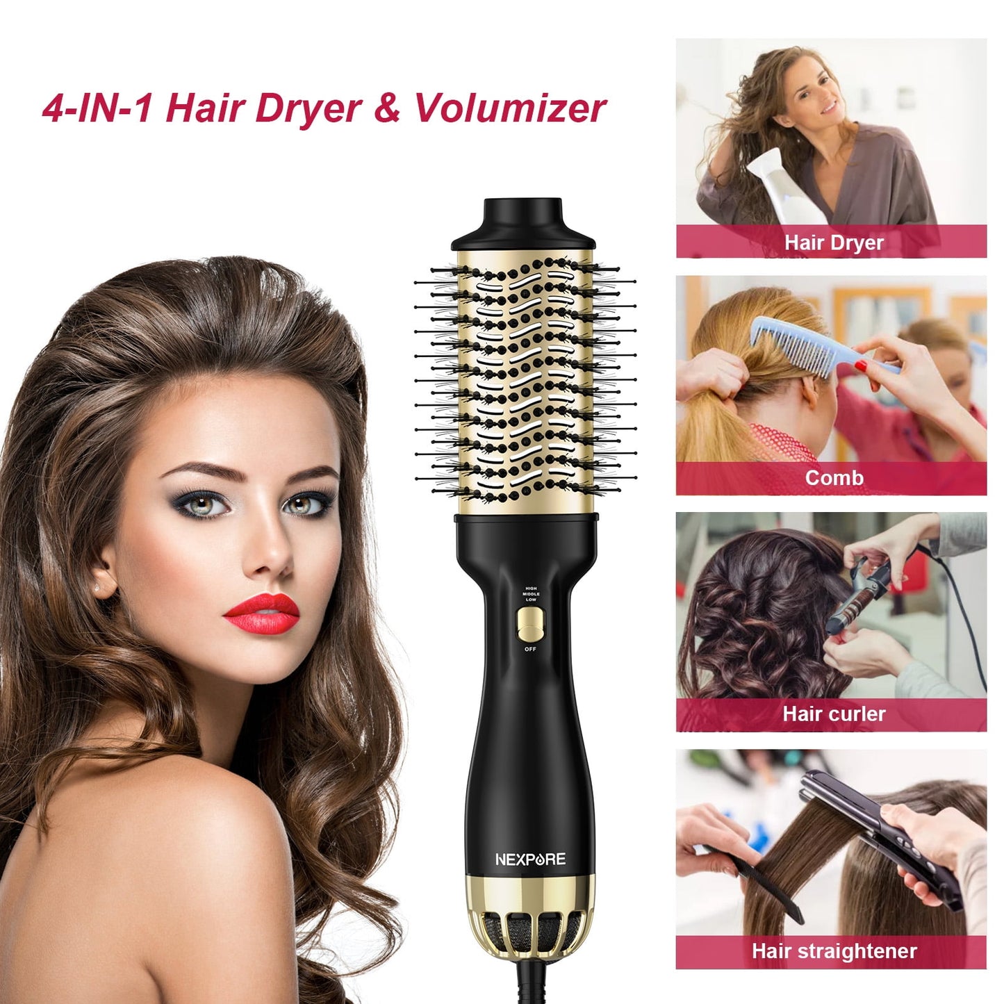 NEXPURE Hair Dryer Brush, 4 in 1 Blow Dryer Brush with Negative Ion Anti-Frizz Ceramic Titanium Barrel Hot Air Brush for Hair Styling