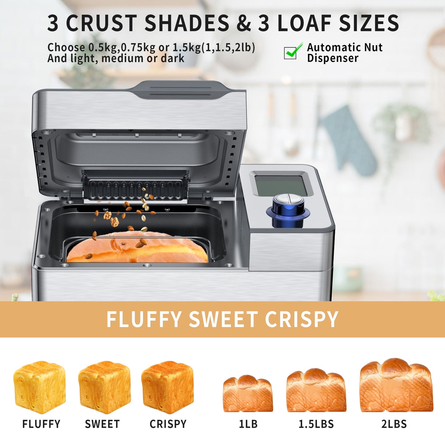 VAVSEA 25 in 1 Bread Maker Machine, 2LB Bread Maker with Auto Fruit and Nut Dispenser, Gluten Free Setting, Stainless Steel, Reserve & Keep Warm Set