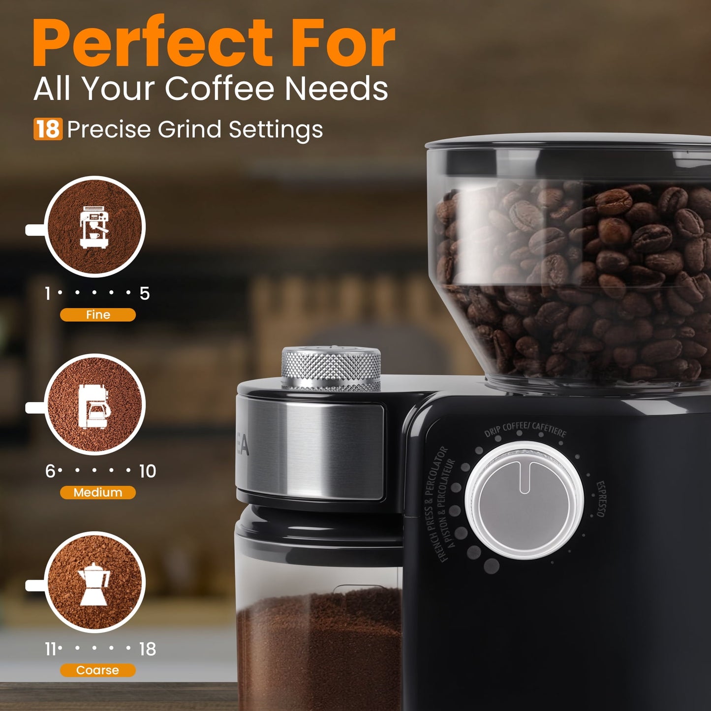 VAVSEA Burr Coffee Grinder, Electric Coffee Bean Grinder with 18 Precise Grind Settings, 3-18 Cup, for Espresso/Drip/Pour over/Cold Brew/French Press
