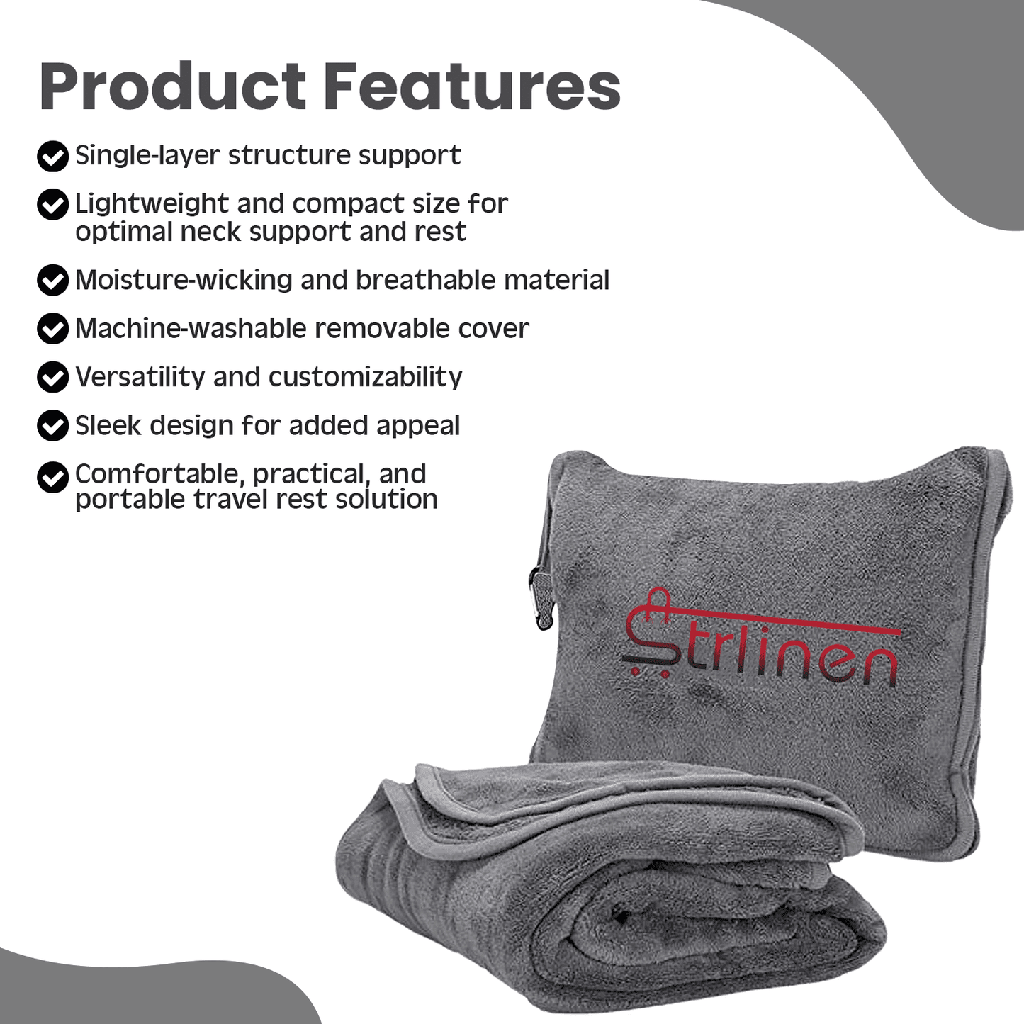 Strlinen Travel Blanket and Pillow - Premium Soft 2 in 1 Airplane Blanket with Soft Bag Pillowcase, Hand Luggage Sleeve and Backpack Clip (Grey)