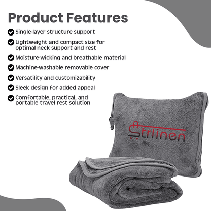 Strlinen Travel Blanket and Pillow - Premium Soft 2 in 1 Airplane Blanket with Soft Bag Pillowcase, Hand Luggage Sleeve and Backpack Clip (Grey)