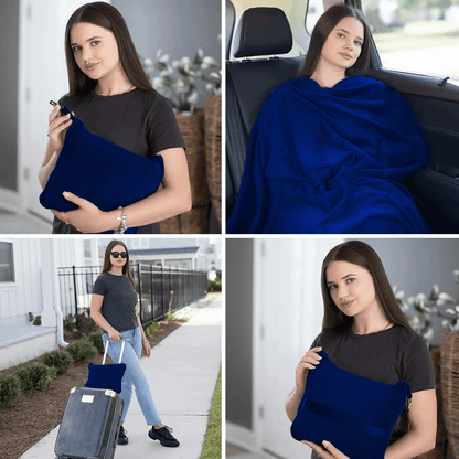 Strlinen Travel Blanket and Pillow - Premium Soft 2 in 1 Airplane Blanket with Soft Bag Pillowcase, Hand Luggage Sleeve and Backpack Clip (Blue)