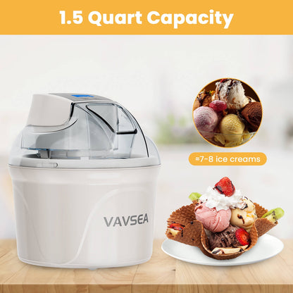 VAVSEA 1.5 Qt Ice Cream Maker with Scoop, Ice Cream Machine with LCD Digital Display & Timer, Double-Insulated Freezer Bowl, Sobert Maker for Gelato, Frozen Yogurt, Drinks, White