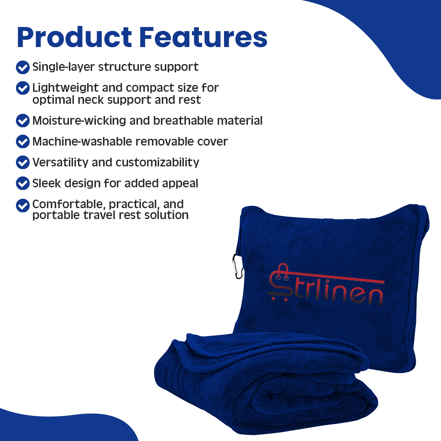 Strlinen Travel Blanket and Pillow - Premium Soft 2 in 1 Airplane Blanket with Soft Bag Pillowcase, Hand Luggage Sleeve and Backpack Clip (Blue)