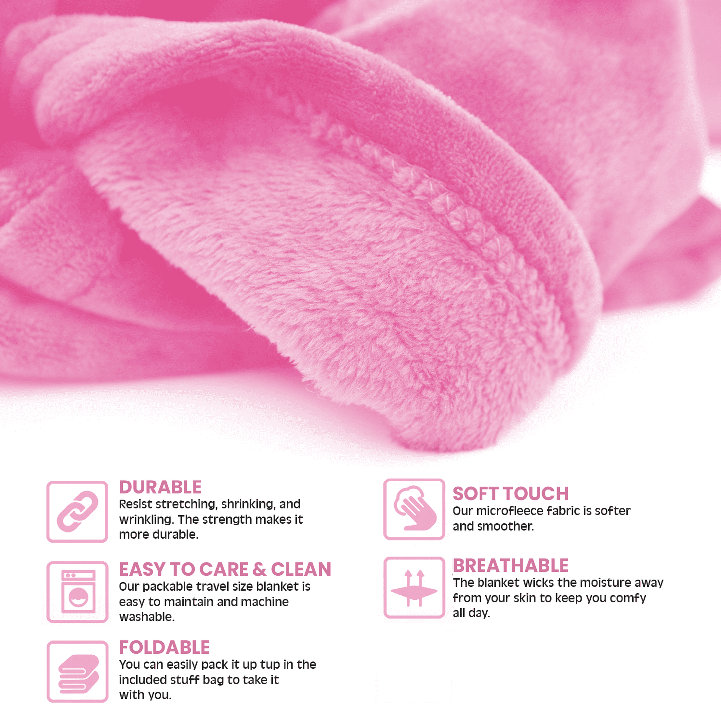 Strlinen Travel Blanket and Pillow - Premium Soft 2 in 1 Airplane Blanket with Soft Bag Pillowcase, Hand Luggage Sleeve and Backpack Clip (Pink)