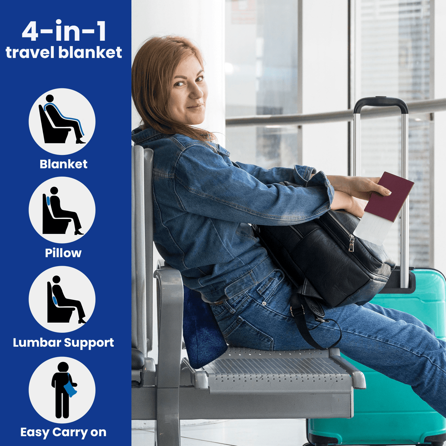Strlinen Travel Blanket and Pillow - Premium Soft 2 in 1 Airplane Blanket with Soft Bag Pillowcase, Hand Luggage Sleeve and Backpack Clip (Blue)