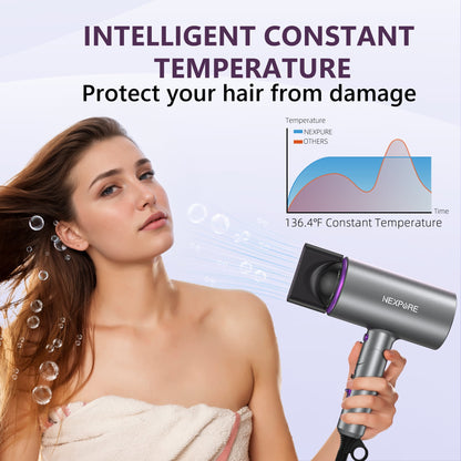 NEXPURE New Upgrade Professional Ionic Hair Dryer, 2000W Powerful Blow Dryer with Diffuser and Concentrator Attachments, Suitable for Home and Travel, Purple