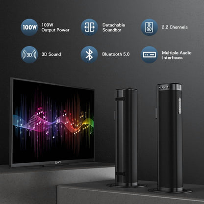 TOPVISION 100W Sound Bar for TV, 2.2CH Detachable TV Sound Bar with Subwoofer, Bluetooth/HDMI ARC/Optical/AUX/USB, 2 in 1 Home Theater Surround Sound for TV/PC/Gaming/Projectors