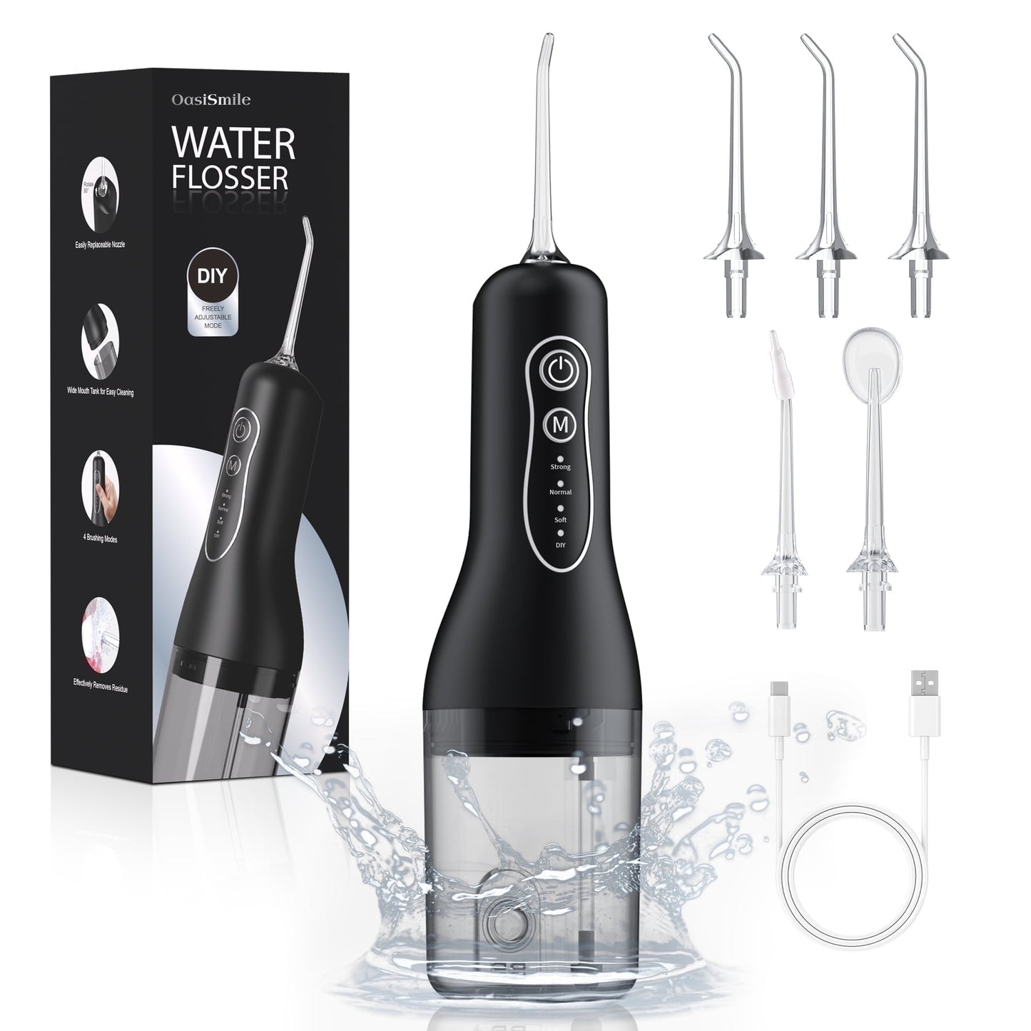 OasiSmile Water Flossers for Teeth Braces Care, Portable Cordless Travel Dental Floss 4 Modes 260ML Rechargeable Oral Irrigator with 5 Jet Tips, Black