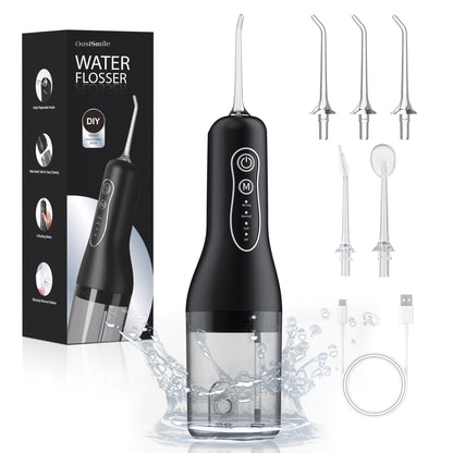OasiSmile Water Flossers for Teeth Braces Care, Portable Cordless Travel Dental Floss 4 Modes 260ML Rechargeable Oral Irrigator with 5 Jet Tips, Black