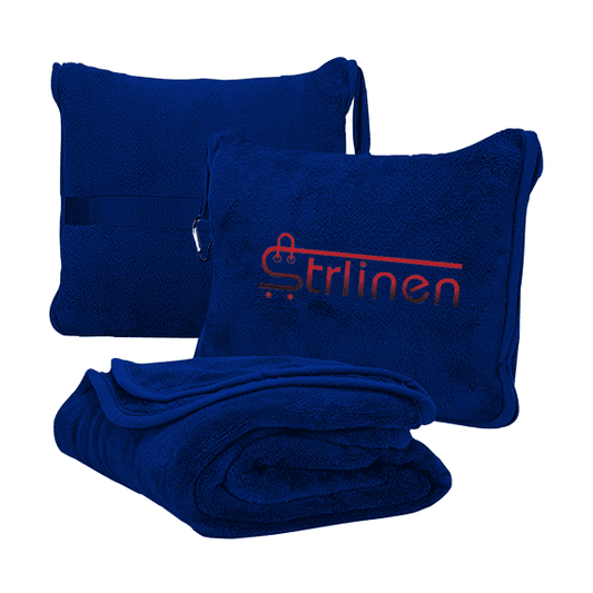Strlinen Travel Blanket and Pillow - Premium Soft 2 in 1 Airplane Blanket with Soft Bag Pillowcase, Hand Luggage Sleeve and Backpack Clip (Blue)