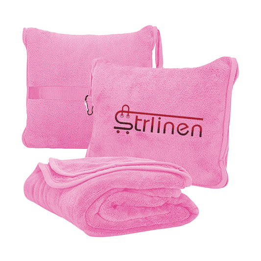 Strlinen Travel Blanket and Pillow - Premium Soft 2 in 1 Airplane Blanket with Soft Bag Pillowcase, Hand Luggage Sleeve and Backpack Clip (Pink)