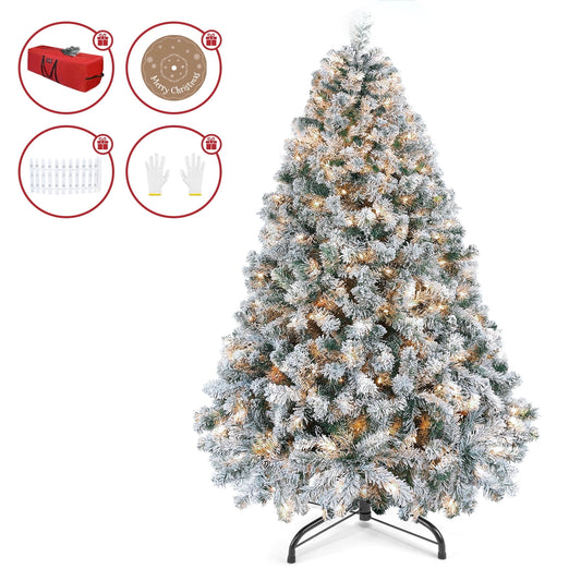 VAVSEA 7.5 FT Christmas Tree, Pre-Lit Snow Flocked Artificial Christmas Tree with Storage Bag, Fence, Tree Skirt 350 Warm White Lights, 1200 Tips, Hinged Branches for Holiday Home Office Decoration