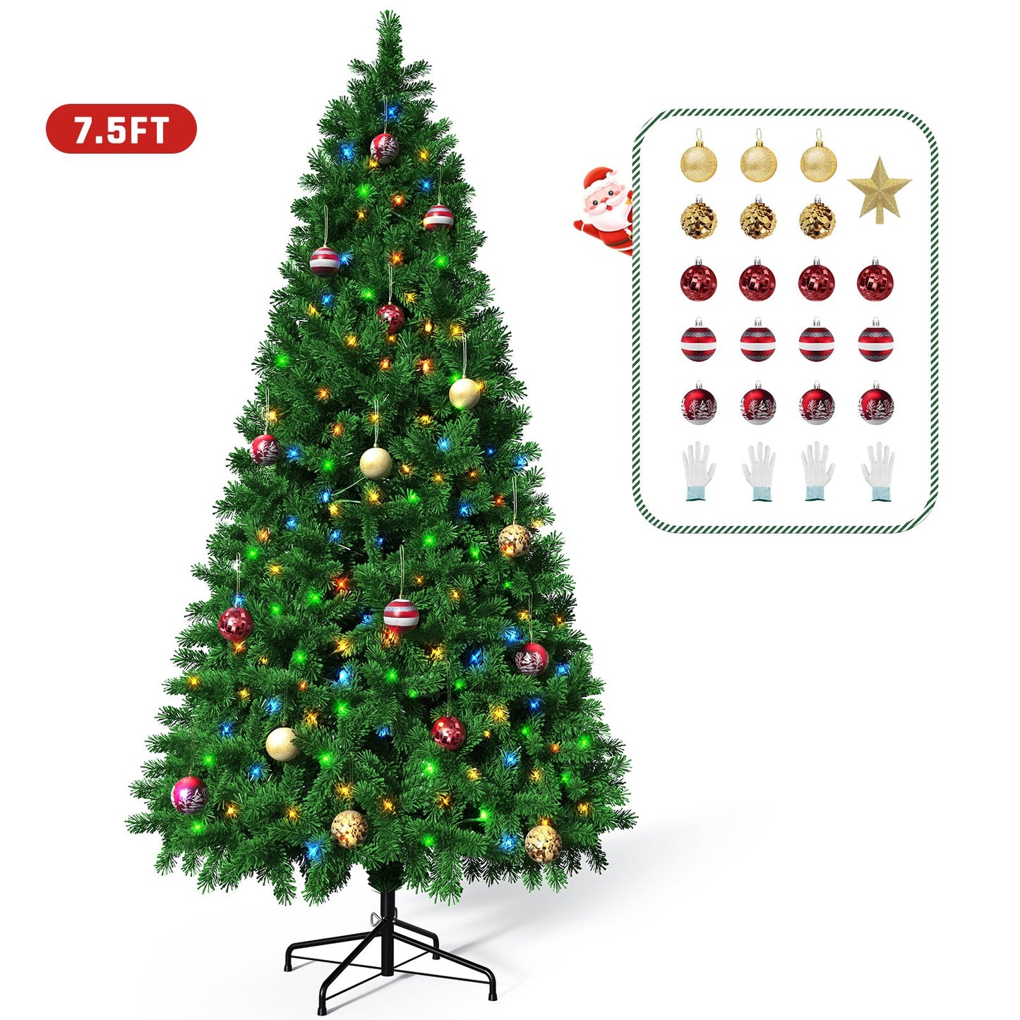 VAVSEA 7.5 FT Pre-Lit Christmas Trees Include 18pcs Christmas Ball and 1 Star, Artificial Christmas Tree with 1500 PVC Branch Tips & 380 Color-Changing LED Lights for Holiday Party, Home