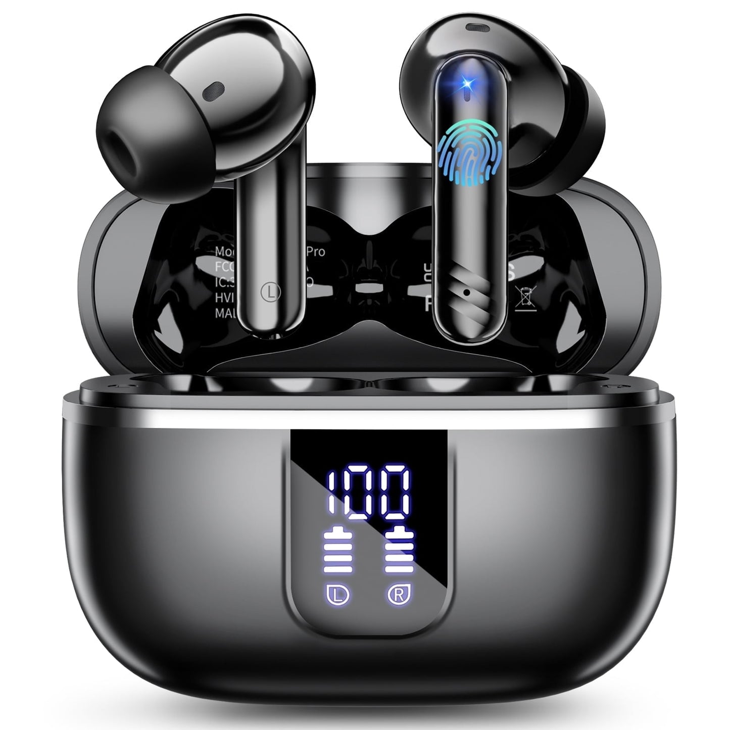 Wireless Bluetooth Earbuds, Noise Cancelling Headphones with Deep Bass Stereo, 38H Playtime, LED Display, Waterproof in Ear Buds Earphone with Mic for iPhone Android Sports Workout, Black