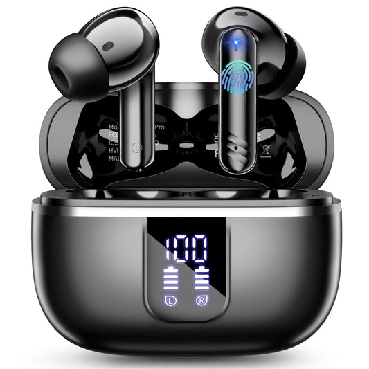 Wireless Bluetooth Earbuds, Noise Cancelling Headphones with Deep Bass Stereo, 38H Playtime, LED Display, Waterproof in Ear Buds Earphone with Mic for iPhone Android Sports Workout, Black