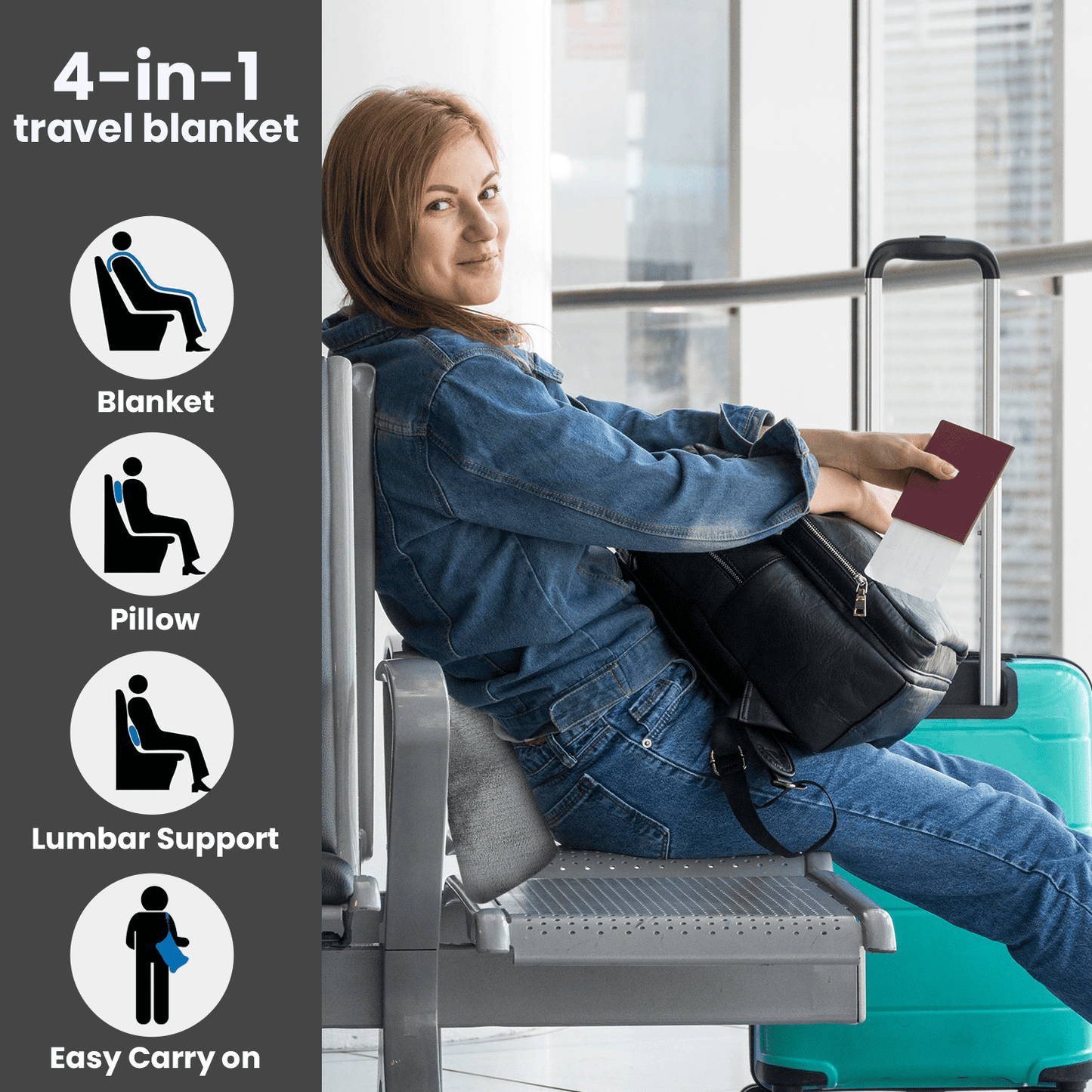 Strlinen Travel Blanket and Pillow - Premium Soft 2 in 1 Airplane Blanket with Soft Bag Pillowcase, Hand Luggage Sleeve and Backpack Clip (Grey)