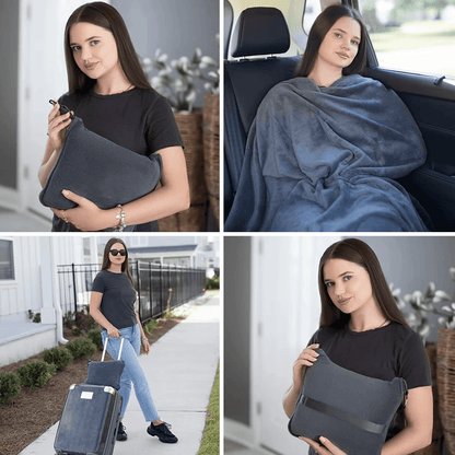 Strlinen Travel Blanket and Pillow - Premium Soft 2 in 1 Airplane Blanket with Soft Bag Pillowcase, Hand Luggage Sleeve and Backpack Clip (Grey)