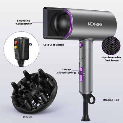 NEXPURE New Upgrade Professional Ionic Hair Dryer, 2000W Powerful Blow Dryer with Diffuser and Concentrator Attachments, Suitable for Home and Travel, Purple