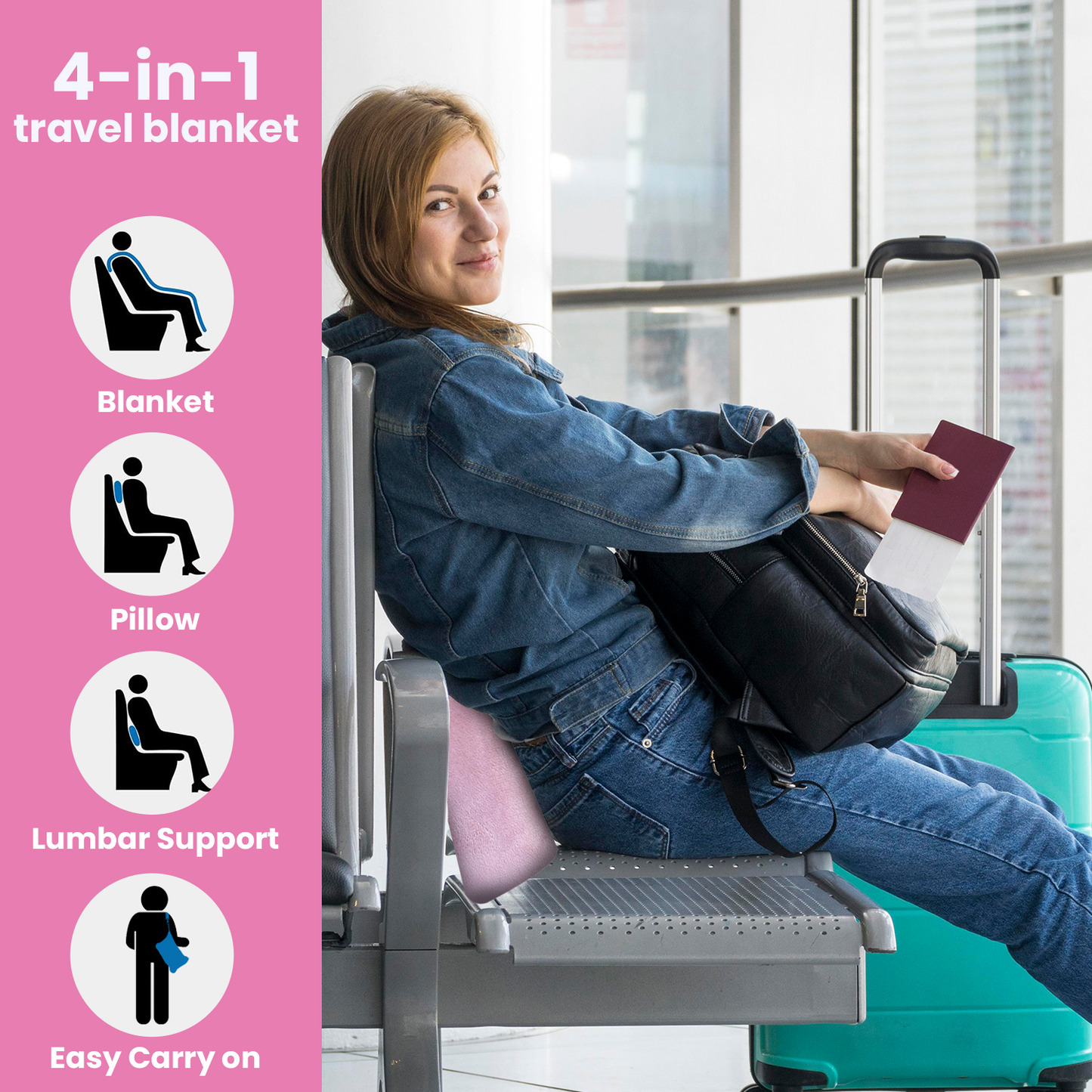 Strlinen Travel Blanket and Pillow - Premium Soft 2 in 1 Airplane Blanket with Soft Bag Pillowcase, Hand Luggage Sleeve and Backpack Clip (Pink)