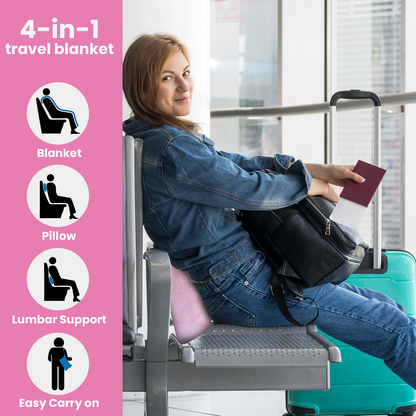 Strlinen Travel Blanket and Pillow - Premium Soft 2 in 1 Airplane Blanket with Soft Bag Pillowcase, Hand Luggage Sleeve and Backpack Clip (Pink)